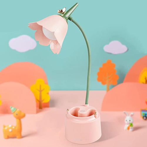 Wiederaufladbare Kinderlampe, Neporal LED-Schreibtischlampe Touch Control Dimmen 3 Helligkeit, 360°Flexible Schwanenhals Augenpflege Kinder studieren Lampe mit Stifthalter für Mädchen, Jungen (Blume)