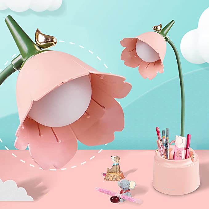 Wiederaufladbare Kinderlampe, Neporal LED-Schreibtischlampe Touch Control Dimmen 3 Helligkeit, 360°Flexible Schwanenhals Augenpflege Kinder studieren Lampe mit Stifthalter für Mädchen, Jungen (Blume)