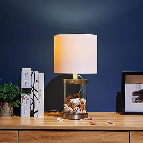 Fillable Tischlampe, moderne Schreibtischlampe mit Klarglas füllbar Basis, 18" nautischen Küsten Meer Akzent Lampe mit Stoff-Schirm und Stahlbasis für Muschel Nachttisch Wohnzimmer Büro