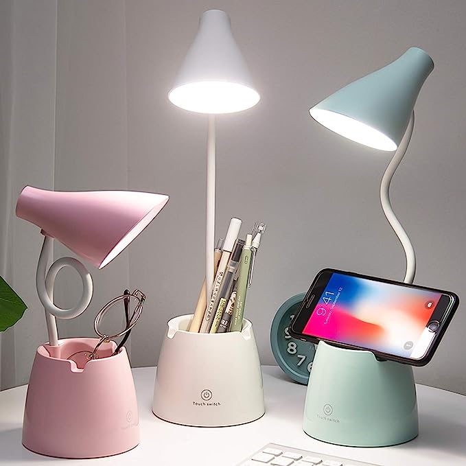 Schreibtischlampe LED, Schreibtischlampen mit 3 Beleuchtungsmodi und stufenlos dimmbar, Schreibtischlampe 360 ° flexibler Schwanenhals mit Stifthalter & Handy-Ständer zum Lesen Kinder Schlafsaal (Pink)