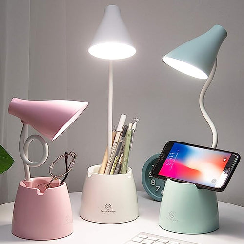 Schreibtischlampe LED, Schreibtischlampen mit 3 Beleuchtungsmodi und stufenlos dimmbar, Schreibtischlampe 360 ° flexibler Schwanenhals mit Stifthalter & Handy-Ständer zum Lesen Kinder Schlafsaal (Pink)