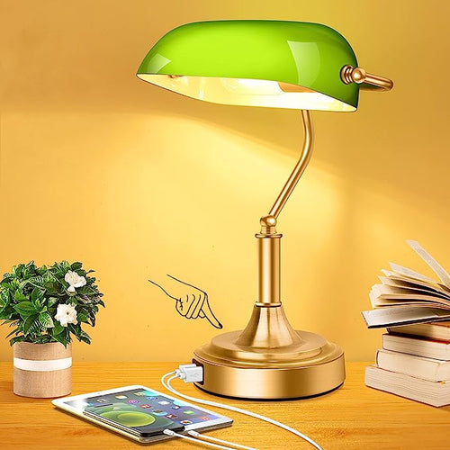 Bankers Lampe mit 2 USB-Anschlüsse, Touch Control grünes Glas Schreibtischlampe mit Messing Basis, 3-Wege dimmbare Vintage Schreibtischlampe für Home Office Arbeitsplatz Nachttisch Schlafzimmer Bibliothek Klavier, LED-Lampe enthalten